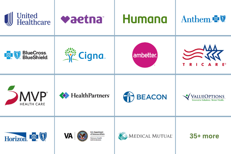 Insurance providers we work with, including United Healthcare, Aetna, Humana, Anthem, Blue Cross Blue Shield, Cigna, Ambetter, TRICARE, VA, and 35+ more