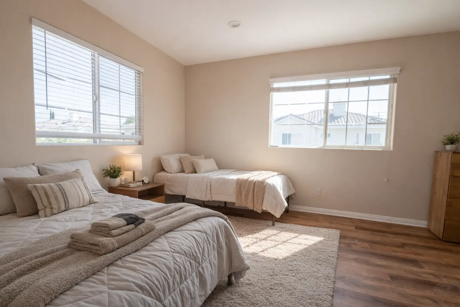 Client bedroom with two beds and natural light