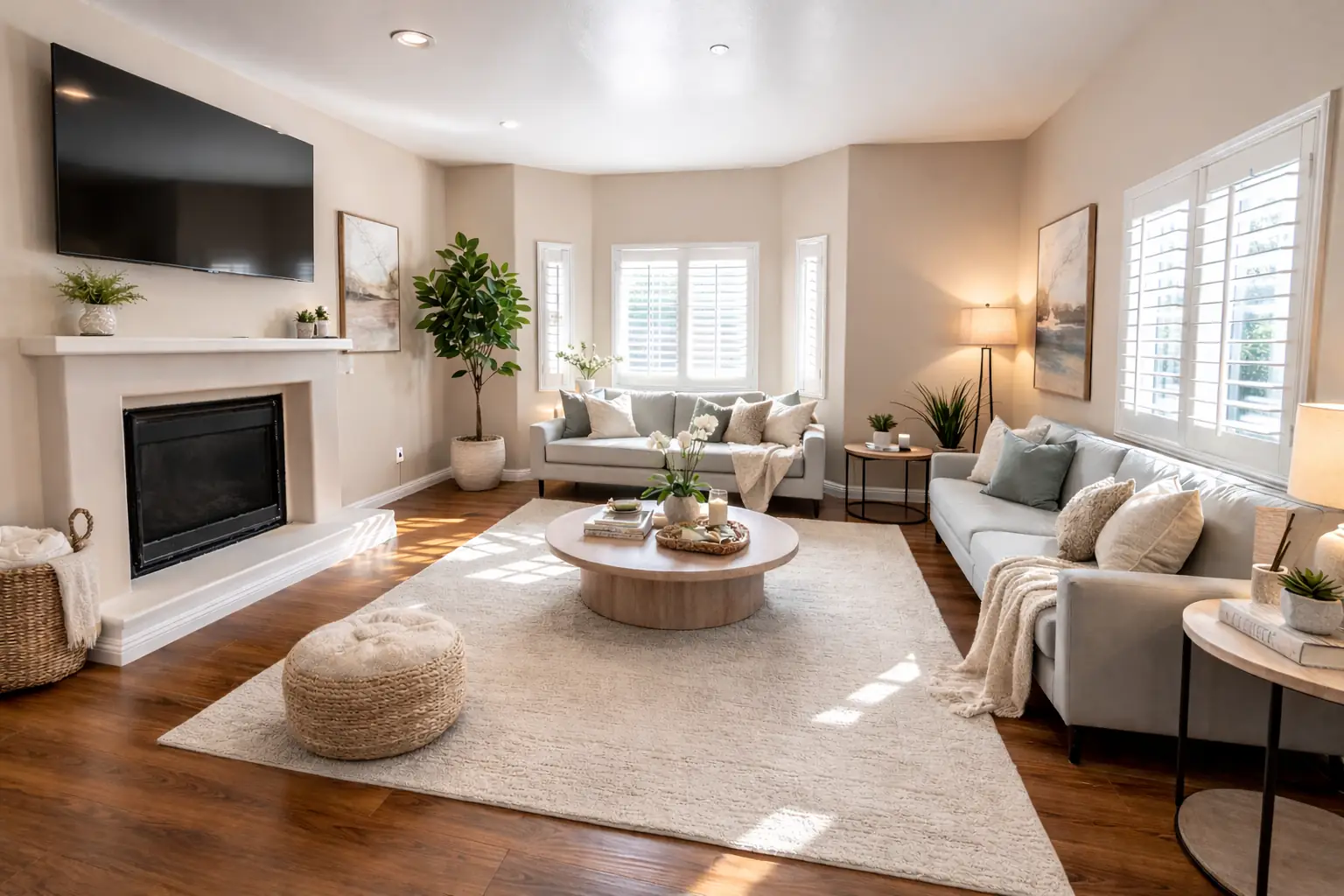 Shared living room with a fireplace, lounge seating, and natural light